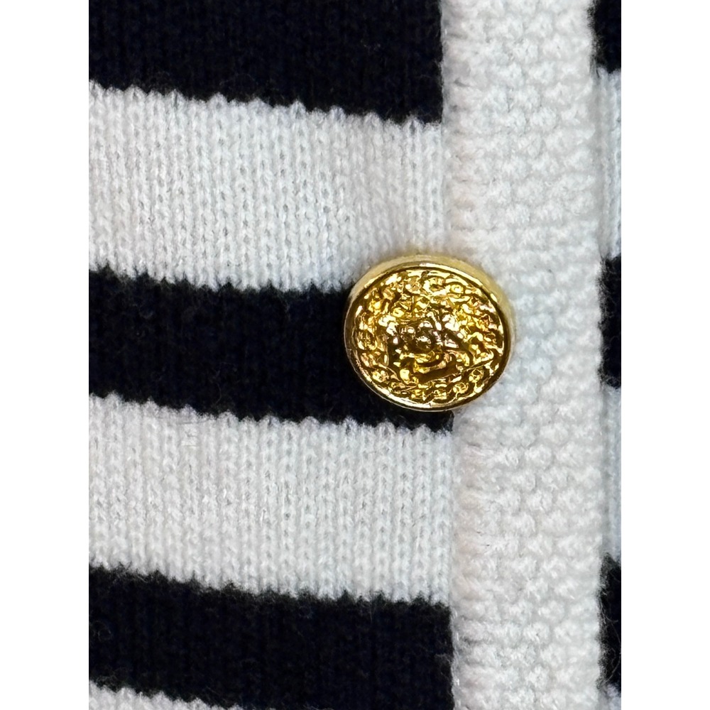 GOELIA Wool Cardigan L(8) Black White Breton Stripe Gold Button Parisian Coastal - Picture 6 of 8